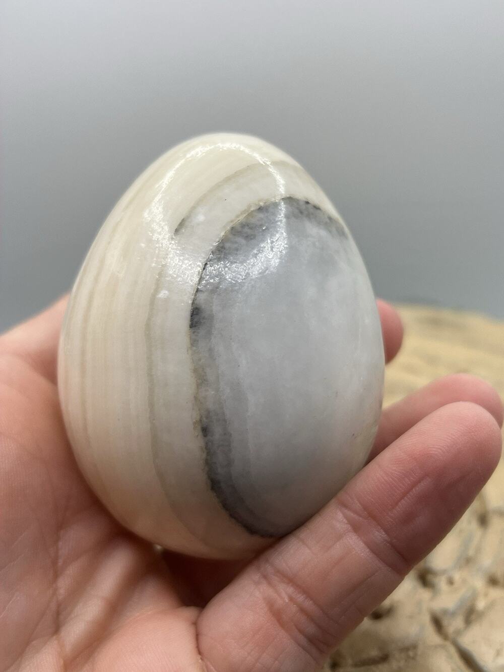 Polished Banded Onyx Stone Egg White Gray Marble Paperweight Decor